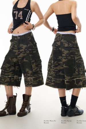 Frayed Wide-Leg Denim Capris for Women - Camouflage Wasteland Style, Retro Casual Streetwear, Loose Fit