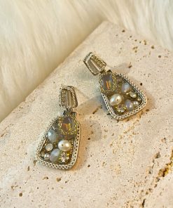 French Artistic Retro Silver Needle Diamond Crystal Pearl Geometric Stud Earrings - Personalized Light Luxury Ear Accessories