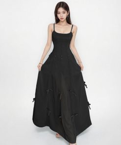 French Black Bow Waist-Cinching Strap Dress - Mid-Length Slim Fit Work Dress with Defined Waist for Women