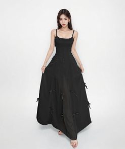 French Black Bow Waist-Cinching Strap Dress - Mid-Length Slim Fit Work Dress with Defined Waist for Women