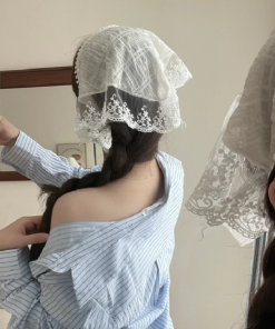 French Blue Checkered Lace Head Scarf Headband - Niche Triangle Design Hair Accessory for Women, Sweet Lazy Chic Style