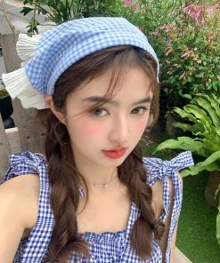 French Blue Checkered Lace Head Scarf Headband - Niche Triangle Design Hair Accessory for Women, Sweet Lazy Chic Style