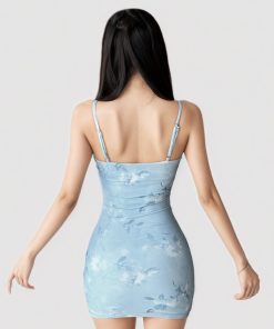 French Blue Floral Lace Spliced Bodycon Dress - Vintage Gradient Mini Dress with Waist-Defining Design, Perfect for Y2K Style