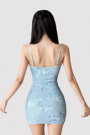 French Blue Floral Lace Spliced Bodycon Dress - Vintage Gradient Mini Dress with Waist-Defining Design, Perfect for Y2K Style