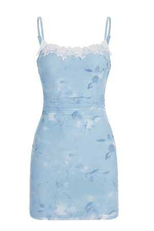 French Blue Floral Lace Spliced Bodycon Dress - Vintage Gradient Mini Dress with Waist-Defining Design, Perfect for Y2K Style