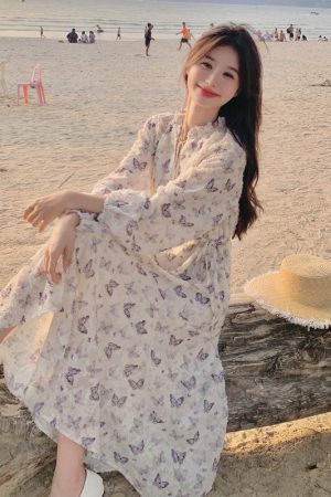 French Butterfly Print Long Sleeve Dress for Women, Elegant Slimming Design for Spring & Autumn, Trendy 2025 Fashion