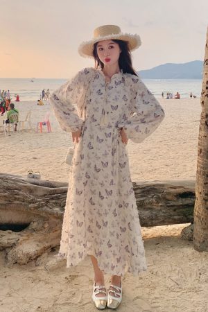 French Butterfly Print Long Sleeve Dress for Women, Elegant Slimming Design for Spring & Autumn, Trendy 2025 Fashion