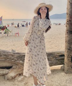 French Butterfly Print Long Sleeve Dress for Women, Elegant Slimming Design for Spring & Autumn, Trendy 2025 Fashion