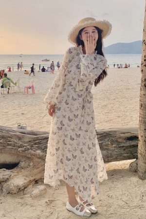 French Butterfly Print Long Sleeve Dress for Women, Elegant Slimming Design for Spring & Autumn, Trendy 2025 Fashion