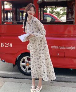 French Butterfly Print Long Sleeve Dress for Women, Elegant Slimming Design for Spring & Autumn, Trendy 2025 Fashion