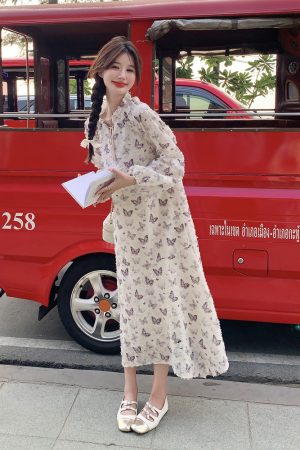 French Butterfly Print Long Sleeve Dress for Women, Elegant Slimming Design for Spring & Autumn, Trendy 2025 Fashion