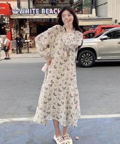 French Butterfly Print Long Sleeve Dress for Women, Elegant Slimming Design for Spring & Autumn, Trendy 2025 Fashion