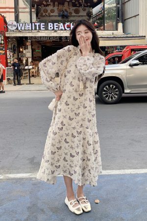French Butterfly Print Long Sleeve Dress for Women, Elegant Slimming Design for Spring & Autumn, Trendy 2025 Fashion