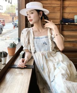 French Butterfly Print Puff Sleeve Dress for Women - 2025 Summer Stylish Fairy Long Dress, Age-Reducing, Vintage-Inspired Fashion