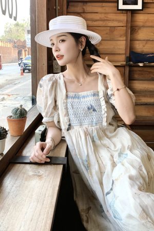 French Butterfly Print Puff Sleeve Dress for Women - 2025 Summer Stylish Fairy Long Dress, Age-Reducing, Vintage-Inspired Fashion