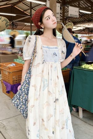 French Butterfly Print Puff Sleeve Dress for Women - 2025 Summer Stylish Fairy Long Dress, Age-Reducing, Vintage-Inspired Fashion