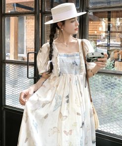 French Butterfly Print Puff Sleeve Dress for Women - 2025 Summer Stylish Fairy Long Dress, Age-Reducing, Vintage-Inspired Fashion