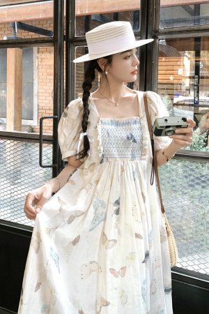French Butterfly Print Puff Sleeve Dress for Women - 2025 Summer Stylish Fairy Long Dress, Age-Reducing, Vintage-Inspired Fashion