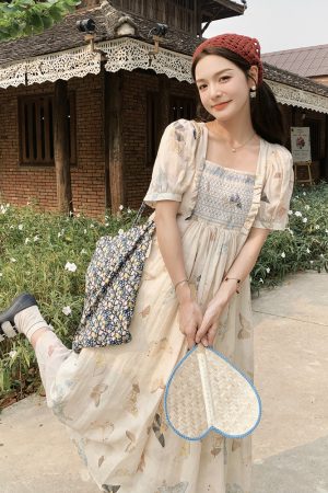 French Butterfly Print Puff Sleeve Dress for Women - 2025 Summer Stylish Fairy Long Dress, Age-Reducing, Vintage-Inspired Fashion