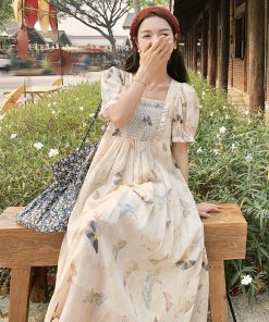 French Butterfly Print Puff Sleeve Dress for Women - 2025 Summer Stylish Fairy Long Dress, Age-Reducing, Vintage-Inspired Fashion