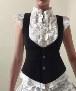 French Court Style Color-Block Lace Collar Faux Two-Piece T-Shirt with Waist-Cinching Vest - Y2K Layered Shirt Top