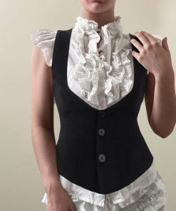 French Court Style Color-Block Lace Collar Faux Two-Piece T-Shirt with Waist-Cinching Vest - Y2K Layered Shirt Top