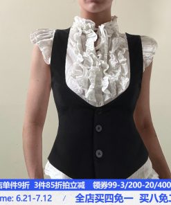 French Court Style Color-Block Lace Collar Faux Two-Piece T-Shirt with Waist-Cinching Vest - Y2K Layered Shirt Top