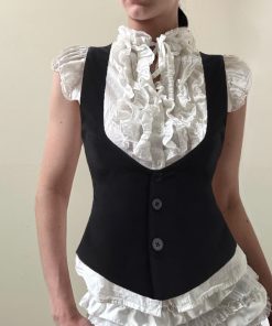French Court Style Color-Block Lace Collar Faux Two-Piece T-Shirt with Waist-Cinching Vest - Y2K Layered Shirt Top