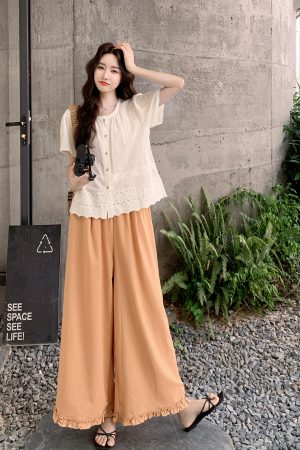 French Embroidered Hollow-Out Top and Wide-Leg Pants Set for Women - Unique Summer 2025 Style, Trendy Boho Chic Look