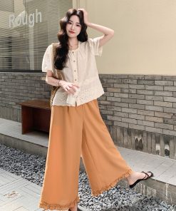 French Embroidered Hollow-Out Top and Wide-Leg Pants Set for Women - Unique Summer 2025 Style, Trendy Boho Chic Look