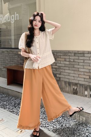 French Embroidered Hollow-Out Top and Wide-Leg Pants Set for Women - Unique Summer 2025 Style, Trendy Boho Chic Look