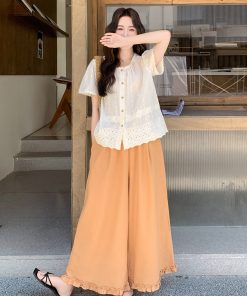 French Embroidered Hollow-Out Top and Wide-Leg Pants Set for Women - Unique Summer 2025 Style, Trendy Boho Chic Look