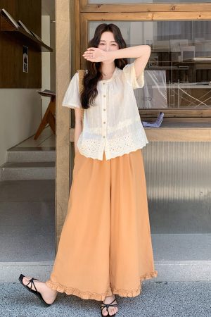French Embroidered Hollow-Out Top and Wide-Leg Pants Set for Women - Unique Summer 2025 Style, Trendy Boho Chic Look