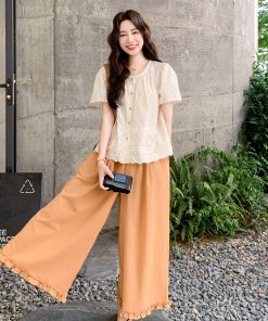 French Embroidered Hollow-Out Top and Wide-Leg Pants Set for Women - Unique Summer 2025 Style, Trendy Boho Chic Look
