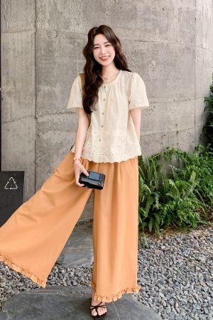 French Embroidered Hollow-Out Top and Wide-Leg Pants Set for Women - Unique Summer 2025 Style, Trendy Boho Chic Look