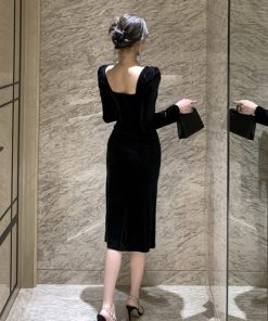 French Hepburn-Style Diamond-Embellished Velvet Evening Dress for Women, Mid-Length, Square Neckline, Elegant Autumn Winter Socialite Fashion