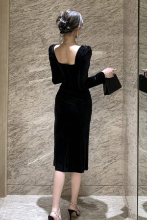 French Hepburn-Style Diamond-Embellished Velvet Evening Dress for Women, Mid-Length, Square Neckline, Elegant Autumn Winter Socialite Fashion