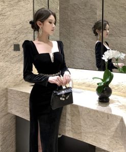 French Hepburn-Style Diamond-Embellished Velvet Evening Dress for Women, Mid-Length, Square Neckline, Elegant Autumn Winter Socialite Fashion