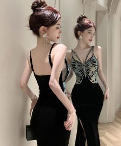 French Hepburn-Style Evening Gown - Gold Velvet Spaghetti Strap Dress with Rhinestones for Women, Elegant Banquet Fashion