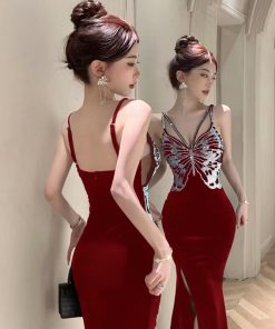 French Hepburn-Style Evening Gown - Gold Velvet Spaghetti Strap Dress with Rhinestones for Women, Elegant Banquet Fashion