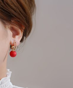 French Hepburn Style Red Bead Ear Studs - Multi-Wear High-End Earrings for Niche New Year Fashion