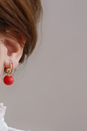 French Hepburn Style Red Bead Ear Studs - Multi-Wear High-End Earrings for Niche New Year Fashion