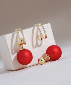 French Hepburn Style Red Bead Ear Studs - Multi-Wear High-End Earrings for Niche New Year Fashion