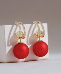 French Hepburn Style Red Bead Ear Studs - Multi-Wear High-End Earrings for Niche New Year Fashion