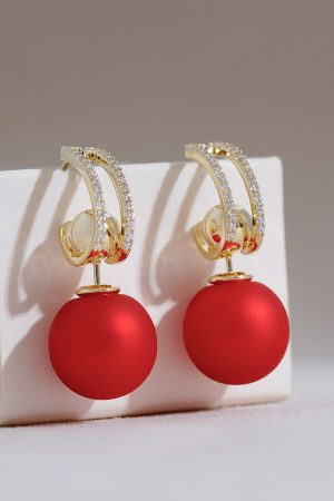 French Hepburn Style Red Bead Ear Studs - Multi-Wear High-End Earrings for Niche New Year Fashion