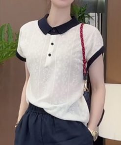 French Jacquard Polo Collar Short Sleeve Knitted Top for Women - 2025 Summer Style, Fashionable and Youthful Blouse