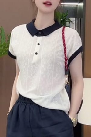 French Jacquard Polo Collar Short Sleeve Knitted Top for Women - 2025 Summer Style, Fashionable and Youthful Blouse