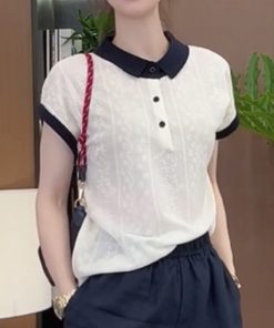 French Jacquard Polo Collar Short Sleeve Knitted Top for Women - 2025 Summer Style, Fashionable and Youthful Blouse