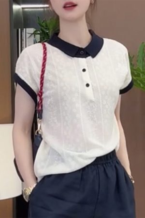 French Jacquard Polo Collar Short Sleeve Knitted Top for Women - 2025 Summer Style, Fashionable and Youthful Blouse