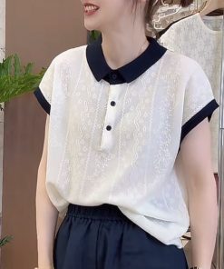 French Jacquard Polo Collar Short Sleeve Knitted Top for Women - 2025 Summer Style, Fashionable and Youthful Blouse